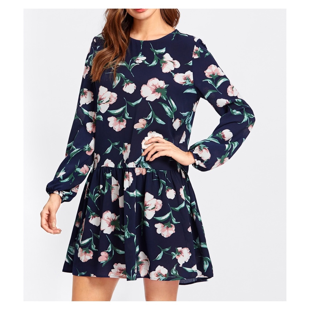 Dark Blue Floral Long Sleeve Shift Dress - Picture 3 of 6